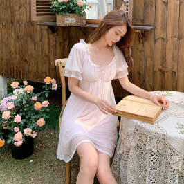 純棉網紗唯美公主睡裙女士夏季薄款短袖蕾絲性感可愛甜美宮廷睡衣