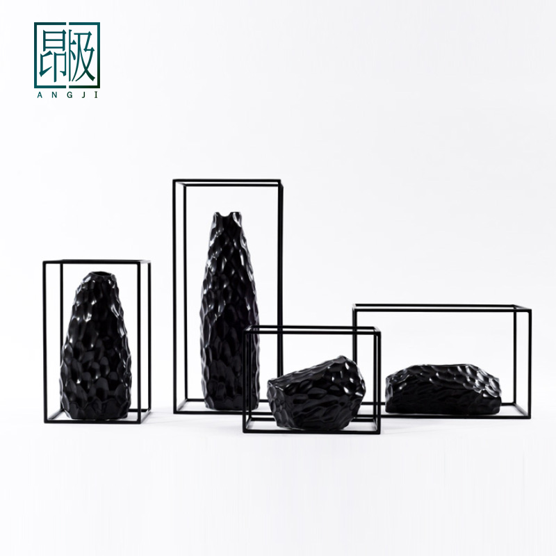 四件組合新中式黑陶瓷石頭花瓶樣板間酒店會所玄關客廳電視柜擺件